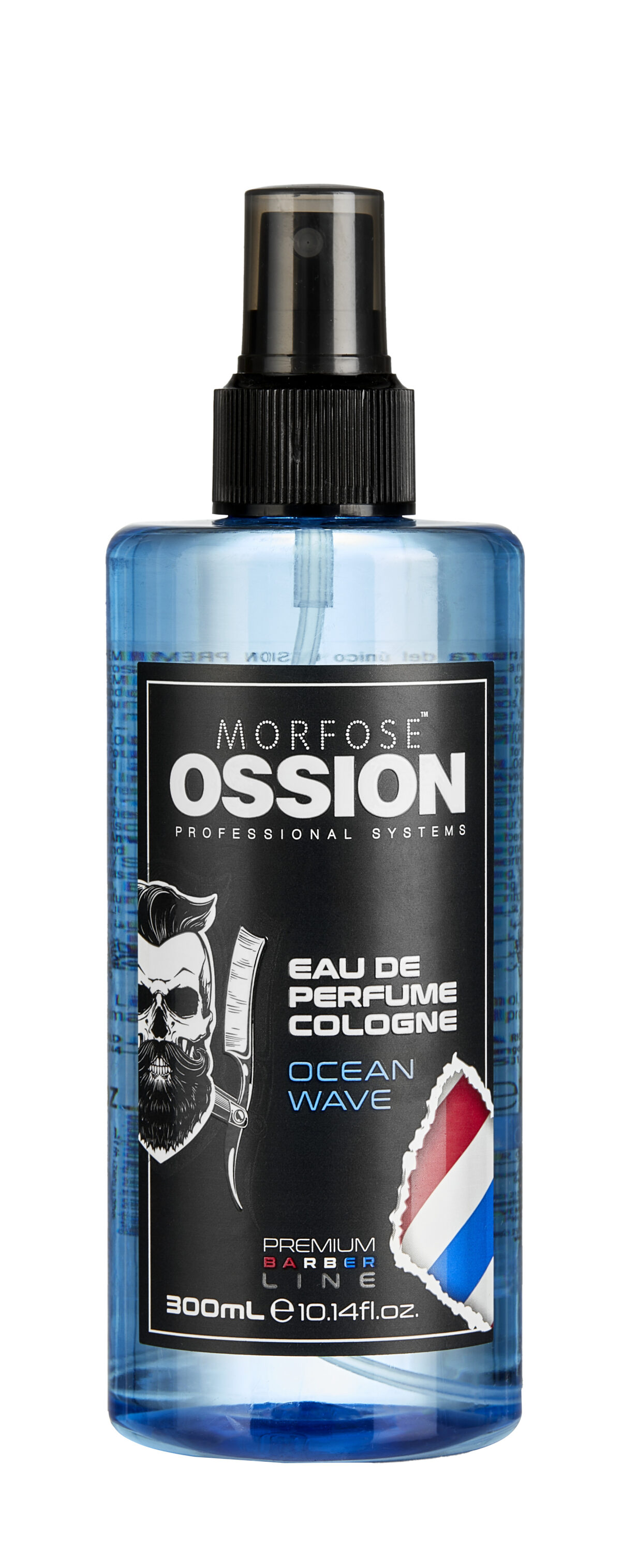 En blå 300 ml flaska Morfose 18 Cologne, märkt "Ocean Wave", med en frisörstolpedesign. Dessa hårprodukter för kvinnor har ett spraymunstycke.