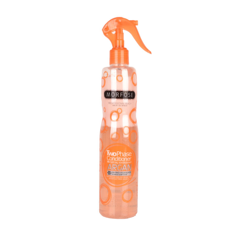 400 ml Morfose 2Phase Argan Conditioner kommer i en genomskinlig flaska med ett orange spraymunstycke och levande orange cirklar, designad för både män och kvinnor.