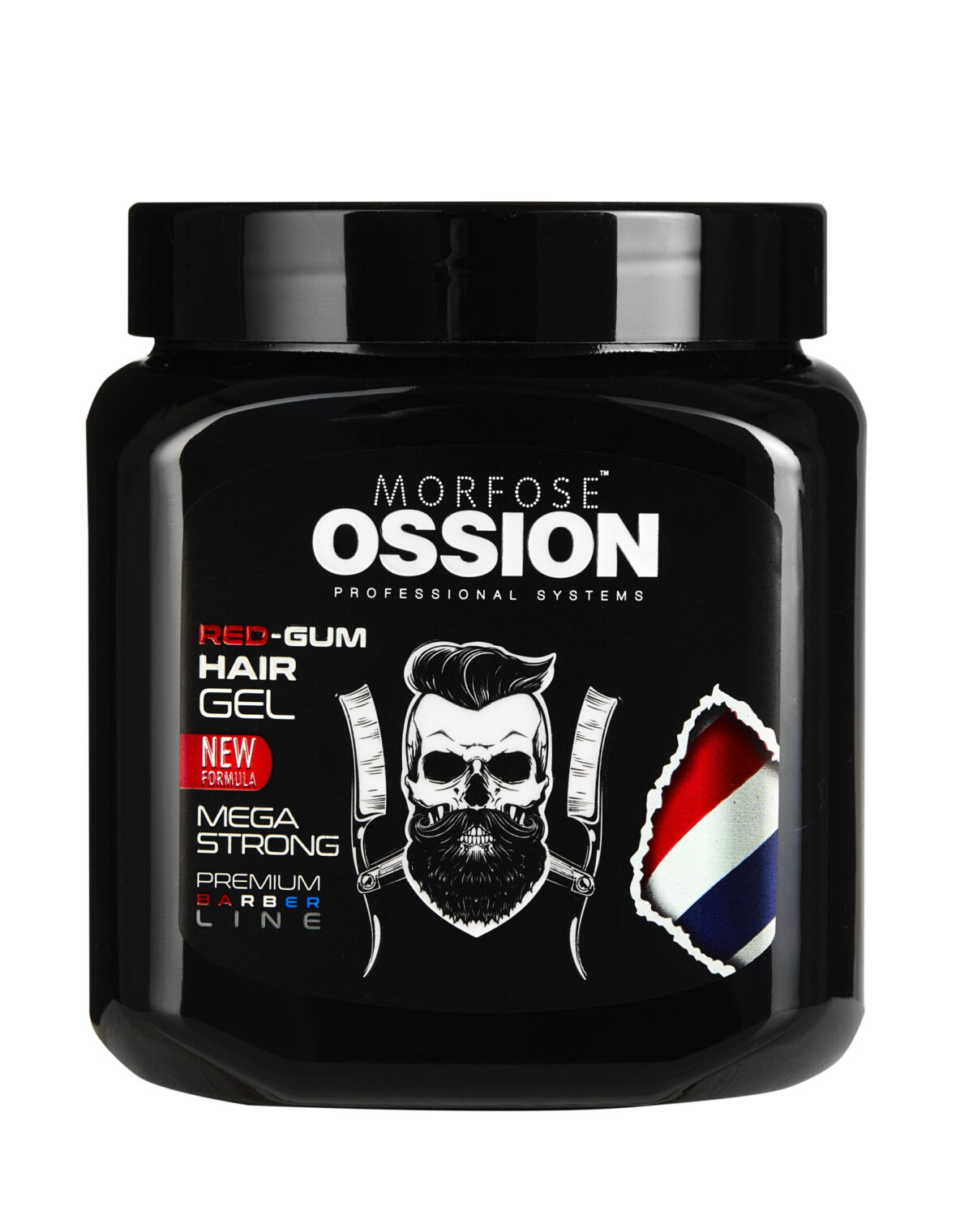 En burk med Morfose 81 hårprodukter har en design med svart frisörtema med en skäggig skalle, korsade rakhyvlar och en röd, vit och blå frisörstång. Texten innehåller "Red Gum", "Mega Strong" och "Premium Barber Line", som passar både för man och för kvinna.