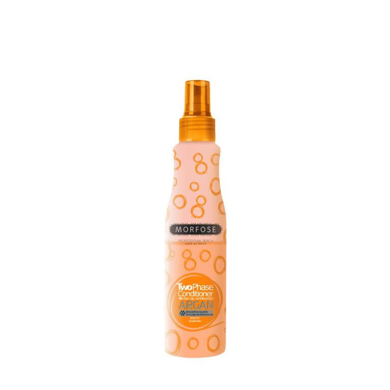 Morfose Argan 2Phase Conditioner, 220 ml, är en hårprodukt med arganolja som har en orange design och ett genomskinligt lock mot en vanlig vit bakgrund.