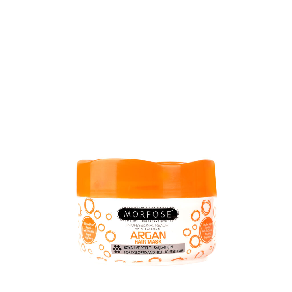 Morfose Argan Hair Mask 500 ml har ett orange lock och bubbeldesign, som betonar arganolja, perfekt för kvinnor med färgat och markerat hår.