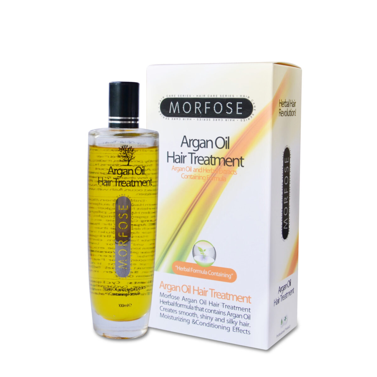 En Morfose Herbal Argan Serum 100 ml flaska för kvinnor står bredvid dess eleganta vita förpackning. Flaskan innehåller en gyllengul vätska och lådan framhäver dess återfuktande och vårdande fördelar med växtbaserade ingredienser från Morfose Sverige.