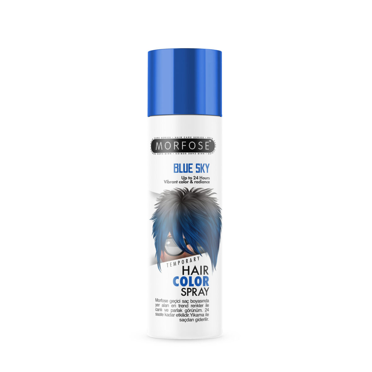 Morfose Mech Spray Blue Sky 150 ml har en blåhårig illustration, blå keps och vit kropp med text. Dessa tillfälliga hårprodukter håller i upp till 24 timmar, vilket gör den perfekt för livfulla, kortsiktiga stilförändringar.