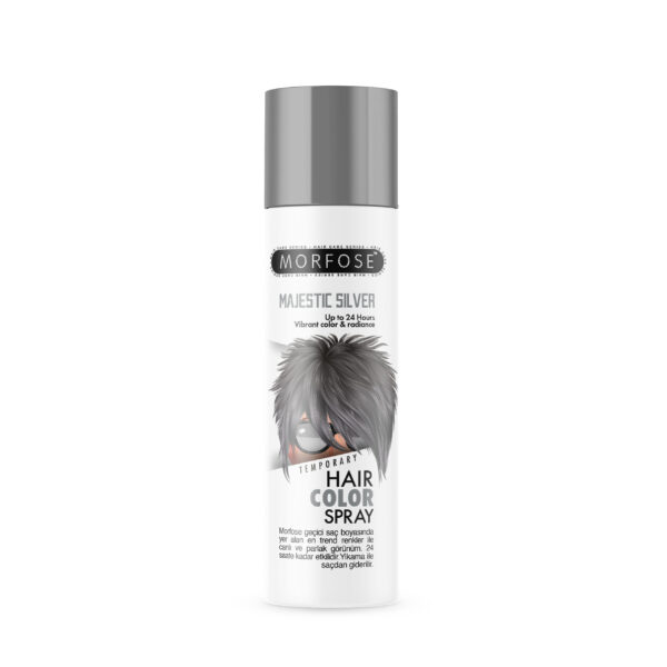 Morfose Mech Spray i Majestic Silver (150 ml) har en huvudsakligen vit burk med silverlock, med en illustration av någon med silver hår. Den är lämplig för alla kön och inkluderar flerspråkig produktinformation.