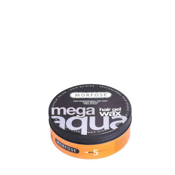 Bild på Morfose Mega Aqua Wax 150 ml med svart lock och orange bas. Den är idealisk för professionellt bruk, med nummer 5 för hållfasthet, vilket representerar premium hårprodukter från Morfose Sverige.