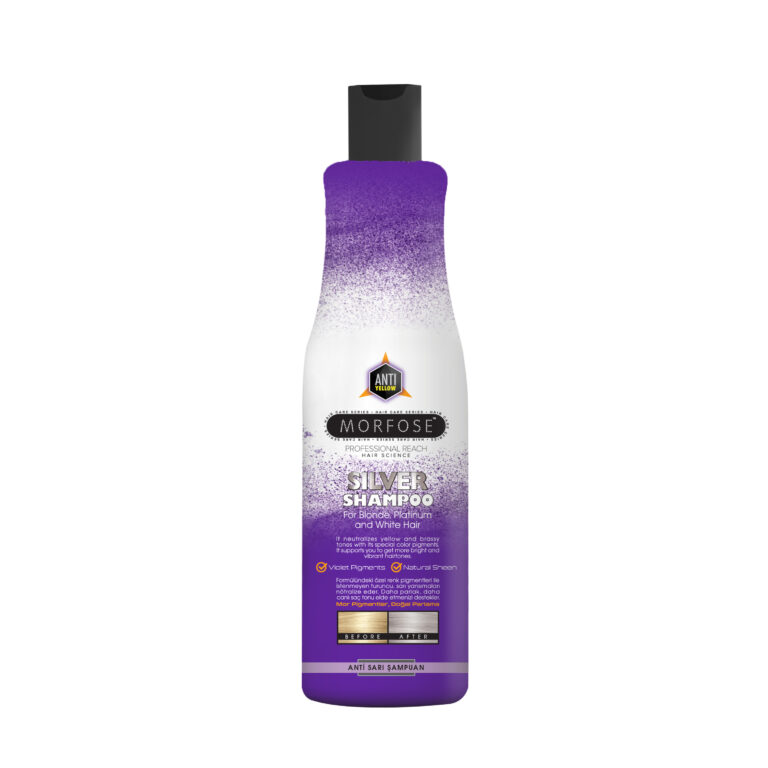 Morfose Silver Shampoo 500 ml är en hårprodukt för både kvinnor och män med grått eller vitt hår. Den har en lila och vit etikett med svart text som framhäver violetta pigment och neutraliserande fördelar, avslutad med en svart mössa.