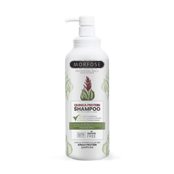 En vit flaska Morfose Sulfate Free Kinoa Shampoo 1000 ml visas, skräddarsydd för hårvård och perfekt för män med torrt, sprött hår. Den sulfatfria etiketten framhäver quinoa och gröna blad och betonar dess närande egenskaper.