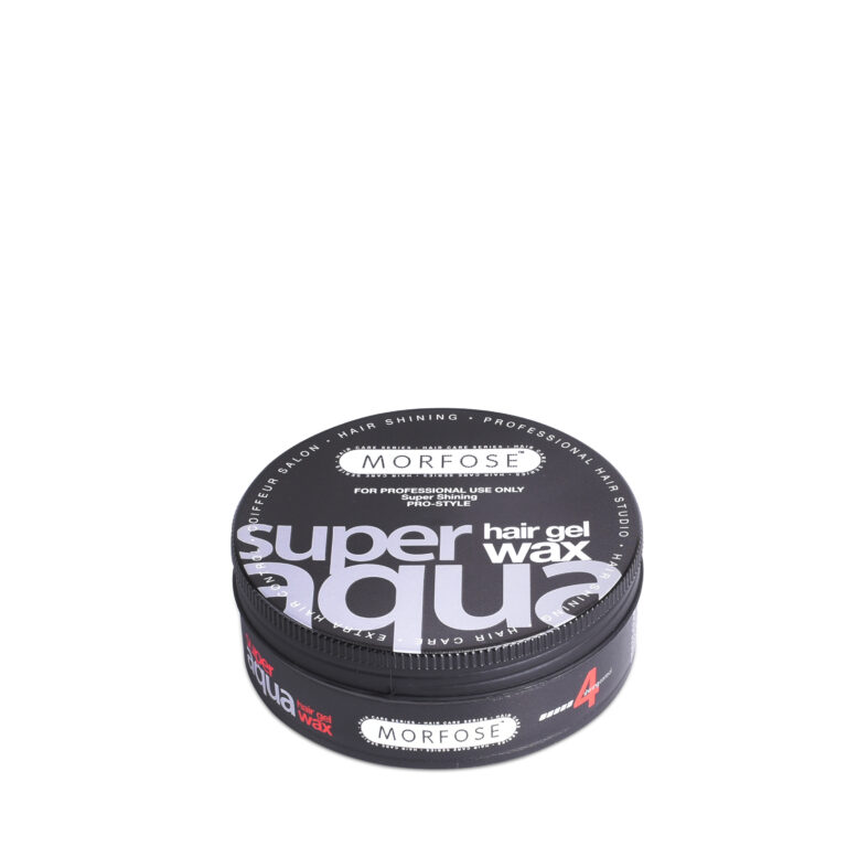 Rund svart behållare med Morfose Super Aqua Wax 150 ml med skruvlock. Etiketten, med "för man", framhäver professionell styling och glans, vilket gör den perfekt för eleganta moderna utseenden. Ett toppval i Morfose Sveriges laguppställning.