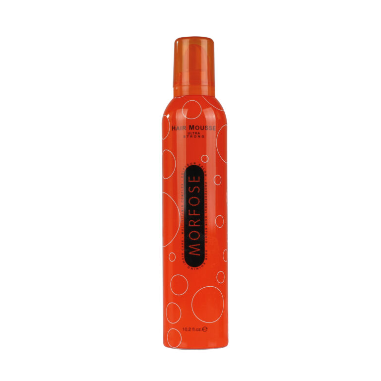 Morfose Ultra Strong Hair Mousse 350 ml kommer i en ljus orange flaska prydd med vita bubbeldesigner och fet svart text. Den har en matchande orange lock och innehåller 10,2 fl oz. Upplev kvaliteten på Morfose Sverige vid varje användning, idealisk för kvinna.