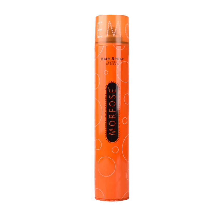 En hög, cylindrisk burk Morfose Ultra Strong Hair Spray 400 ml i ljus orange med vita cirkulära mönster. Etiketten har "Morfose" i svart med "Hair Spray" ovanför den i mindre svart text, speciellt designad för kvinnor.