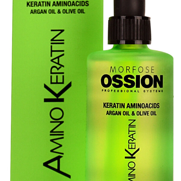 En grön flaska OSSION AMINO KERATIN SERUM, berikad med keratinaminosyror, argan och olivolja. Presenteras i matchande gröna förpackningar, dessa hårprodukter passar alla hårtyper och är idealisk för män som söker friskt hår.