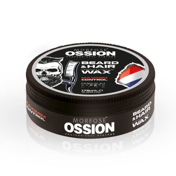 En rund behållare med OSSION BEARD & HAIR WAX (175 ml) med ett svart skalleillustrerat lock och ett litet trefärgat märke, märkt "Maximum Control Premium", reflekterar vackert på en vit yta.