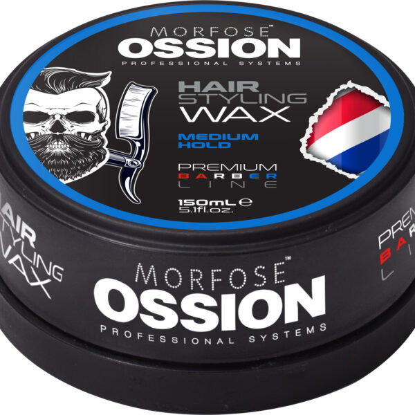 En rund svart behållare med OSSION WAX MEDIUM HOLD 150ml, perfekt för män, har en blå och vit etikett. "Medium Hold" och "Premium Barber Line" visas på locket med en frisörbild och randig stång. Denna hårprodukt från Morfose Sverige har en kapacitet på 150 ml.