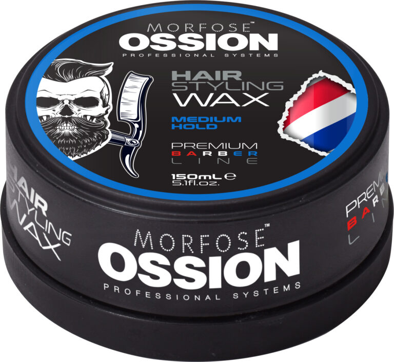 En rund svart behållare med OSSION WAX MEDIUM HOLD 150ml, perfekt för män, har en blå och vit etikett. "Medium Hold" och "Premium Barber Line" visas på locket med en frisörbild och randig stång. Denna hårprodukt från Morfose Sverige har en kapacitet på 150 ml.