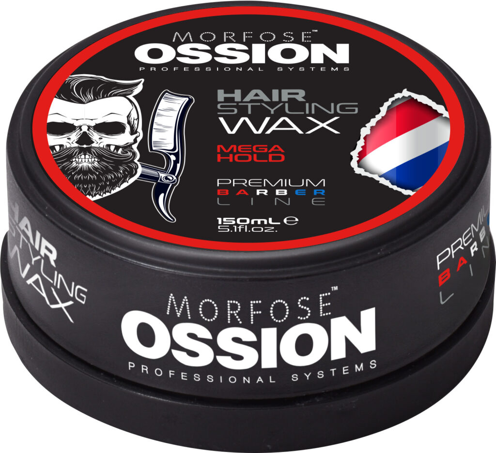 150 mL OSSION WAX MEGA HOLD-behållaren har ett lock med frisörtema med en frisörstång, skäggig man och rakhyveldesign. Idealisk för alla som letar efter exceptionella hårstylingprodukter, den erbjuder mega hållning.