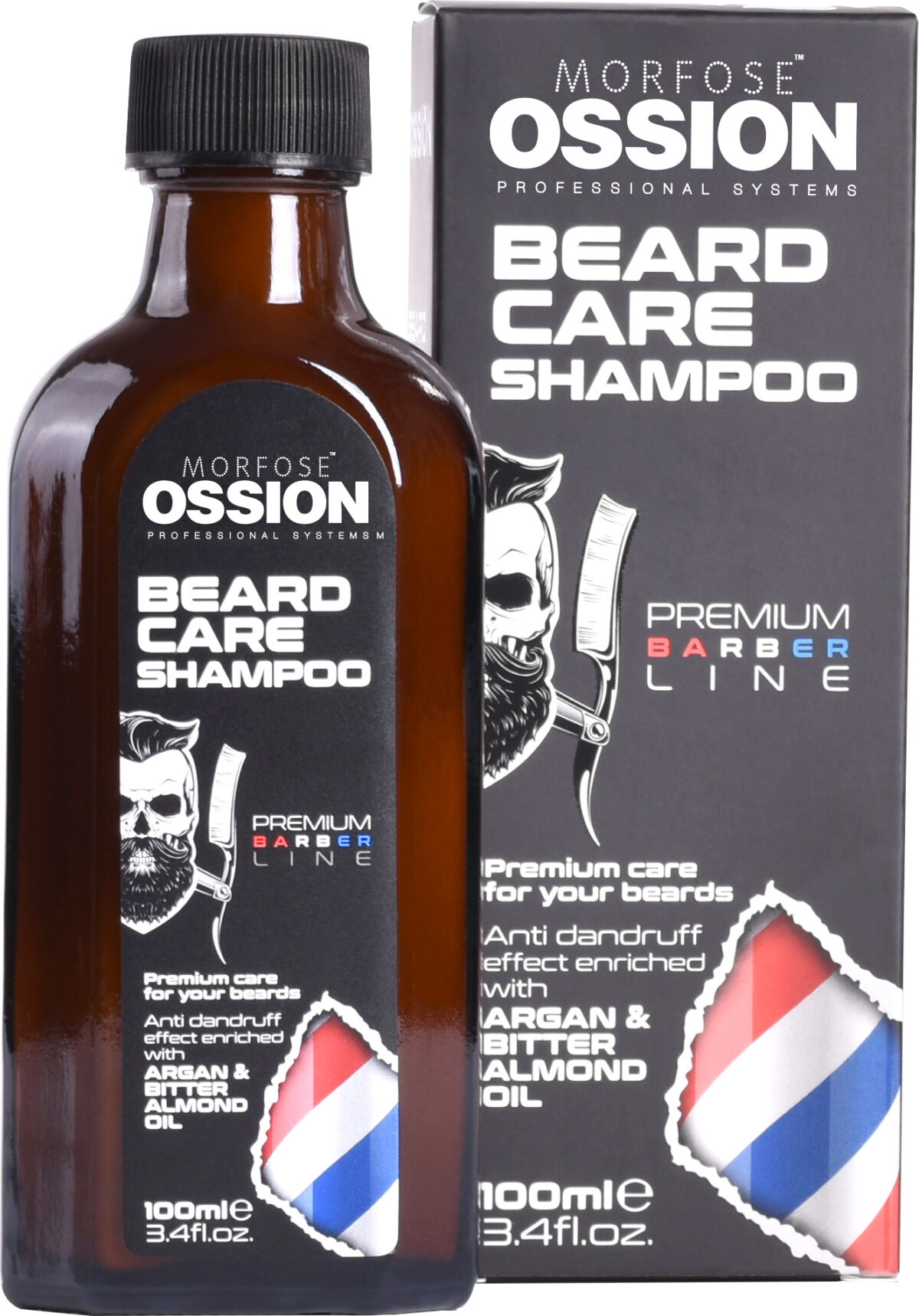 100 ml Ossion Beard Care Shampoo har en brun flaska och låda med ett frisörstångsmotiv och en skäggig mansillustration. Den är märkt mot mjäll och innehåller argan och bittermandelolja, vilket gör den perfekt för män.