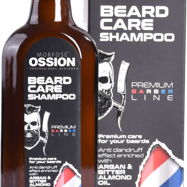 100 ml Ossion Beard Care Shampoo har en brun flaska och låda med ett frisörstångsmotiv och en skäggig mansillustration. Den är märkt mot mjäll och innehåller argan och bittermandelolja, vilket gör den perfekt för män.