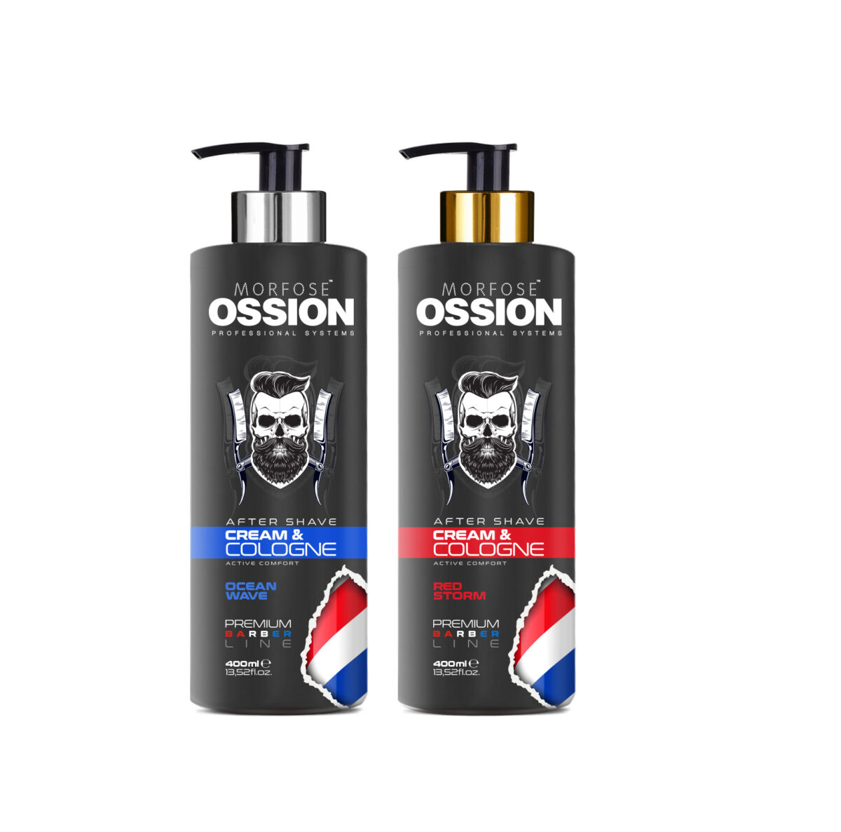 Två flaskor Ossion Cream Cologne ingår. Den vänstra, "Ocean Wave," har en blå design, medan den högra, "Speed Racer," är röd. Varje flaska visar en skäggig skalle med groomingverktyg, emblematiska för Morfose Sveriges välkända högkvalitativa hårprodukter.