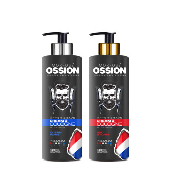 Två flaskor Ossion Cream Cologne ingår. Den vänstra, "Ocean Wave," har en blå design, medan den högra, "Speed Racer," är röd. Varje flaska visar en skäggig skalle med groomingverktyg, emblematiska för Morfose Sveriges välkända högkvalitativa hårprodukter.