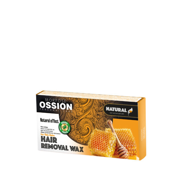 Ossion Hair Removal Wax NATURAL EFFECT 500 ml från Morfose Sverige har levande orange och gula förpackningar med en honeycomb-design som framhäver dess naturliga ingredienser. Perfekt för kvinna, den innehåller en träpinne med honung för att understryka dess svenska varumärkesattraktion.