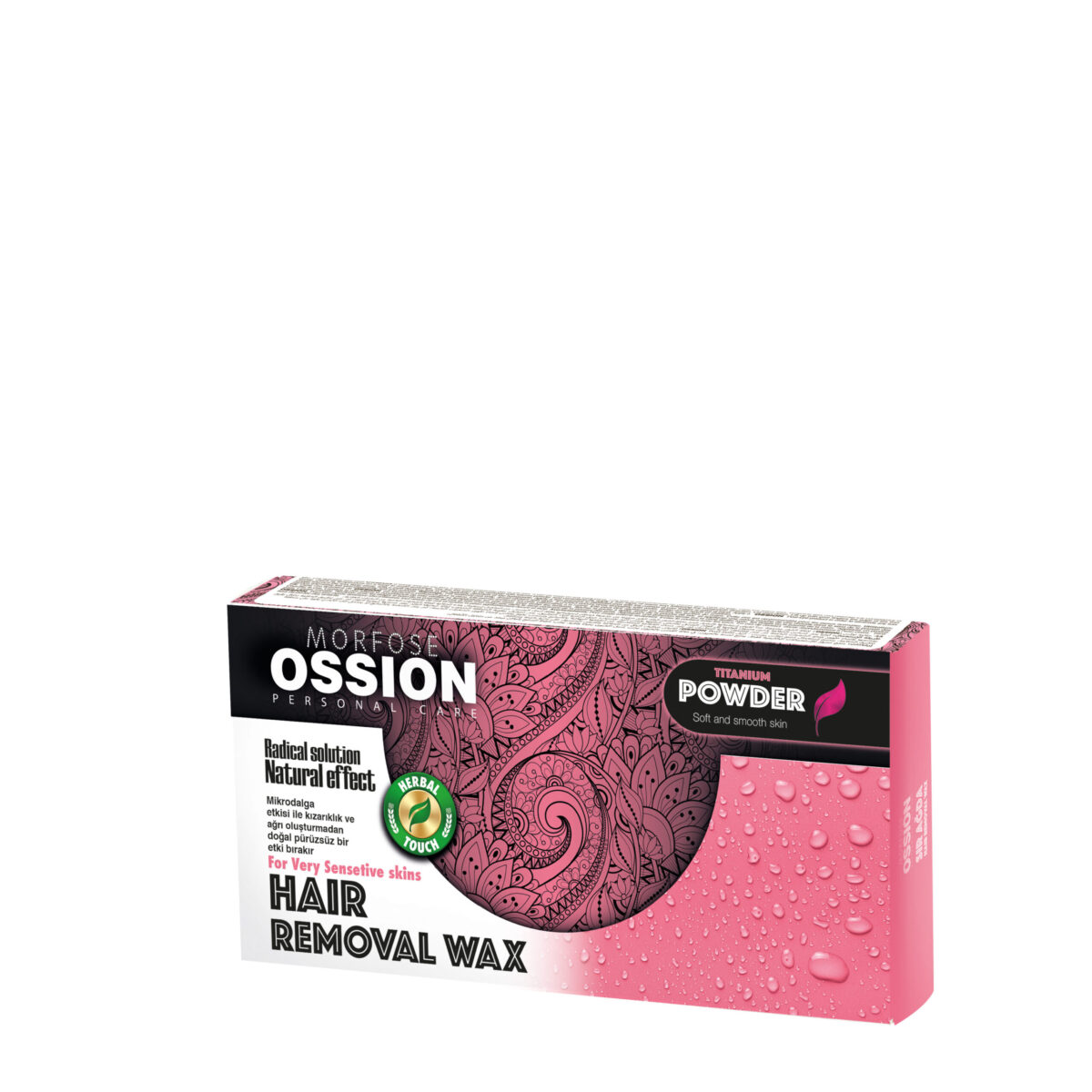 Bilden visar en rosa låda med Ossion Hair Removal Wax Titanium Powder 500 ml för kvinnor med mycket känslig hud. Designen inkluderar vattendroppar, ett blommönster och en grön miljövänlig ikon, som betonar mjukhet och jämnhet - perfekt för den kräsna damen.