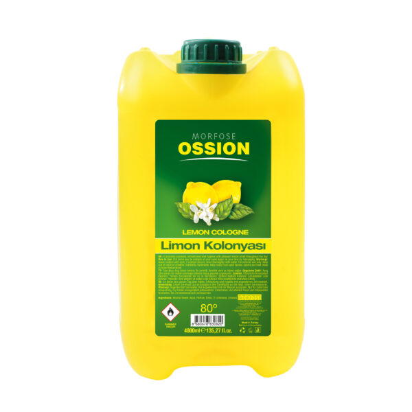 En gul plastbehållare märkt "Ossion Lemon Cologne 5000 ml," med livfulla citron- och bladbilder, designad för män. Flaskan har säkerhets- och produktinformation på en grön bakgrund, i linje med hårproduktstandarder.