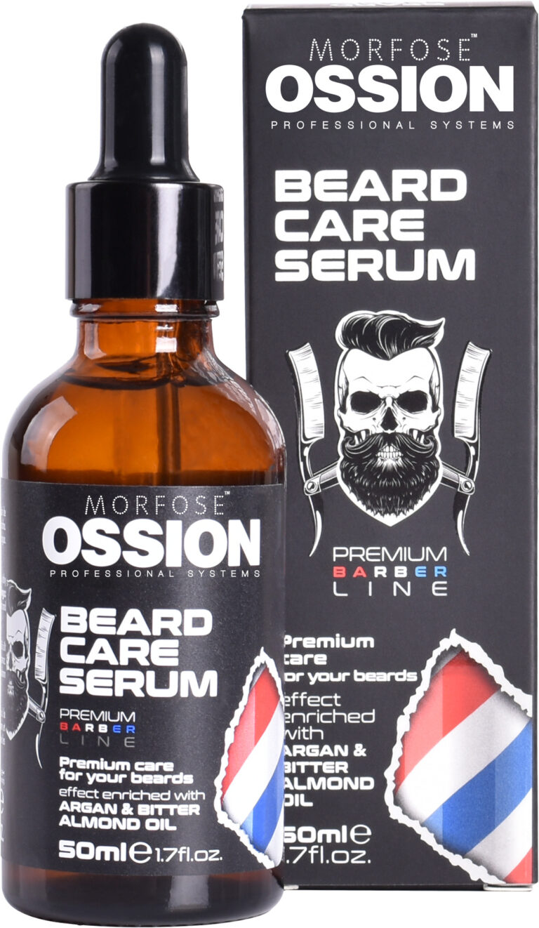 En attraktiv flaska Ossion P.B.L. Serum 50 ml med en dropper står bredvid sin låda, med en design med frisörtema med svart text och röda, vita och blå ränder, plus en illustration av en skäggig man med korsade ben – perfekt för alla samlingar av Morfose Sverige hårprodukter.